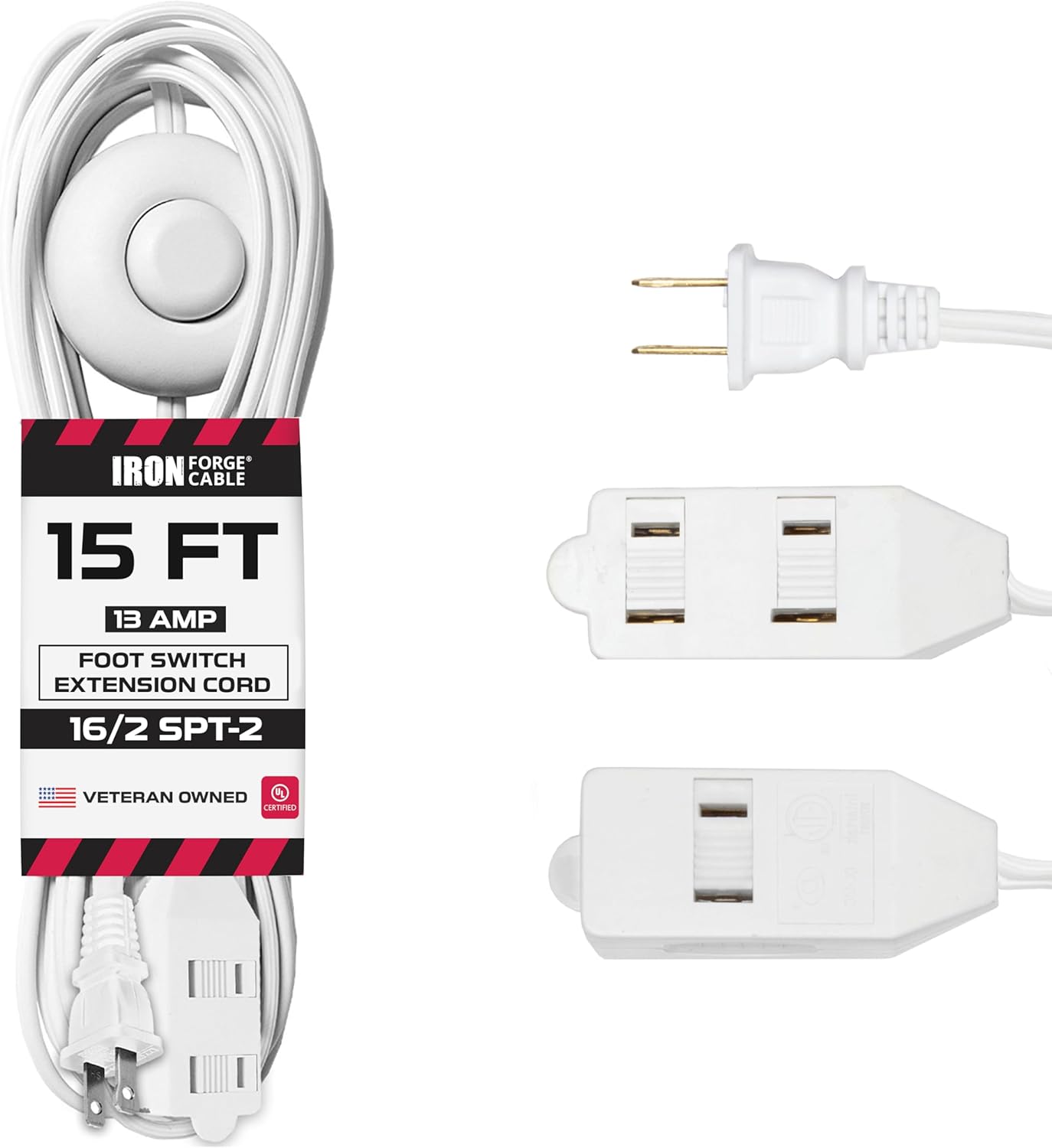 Iron Forge Cable Beige Outdoor Extension Cord 50 ft, 16/3 13 Amp SJTW Heavy Duty Power Weatherproof Cable & 15 Ft Extension Cord with Foot Switch and 3 Electrical Outlet - 16/2 Durable White Foot Tap