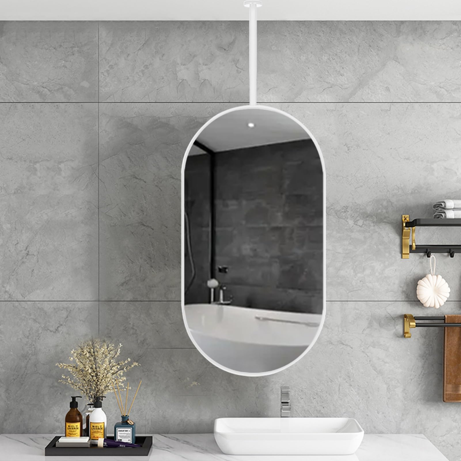 FGXHHS Oval Mirror Bathroom Vanity Make up Mirrors, White Wall with Modern Metal Frame - Boom can be Customizable, Floating Decorative for Cloakroom Washroom(50cmx70cm)