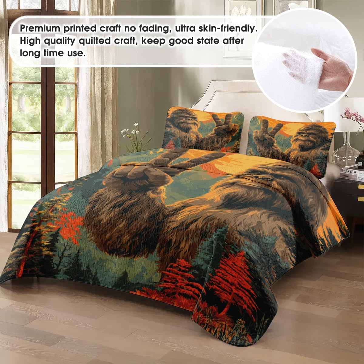 Bigfoot Quilt Sasquatch Comforter Set Queen King Twin Full Bigfoot Lovers Perfect Cozy Bedding Gifts for Men Women Kids (Bigfoot Say Hi)