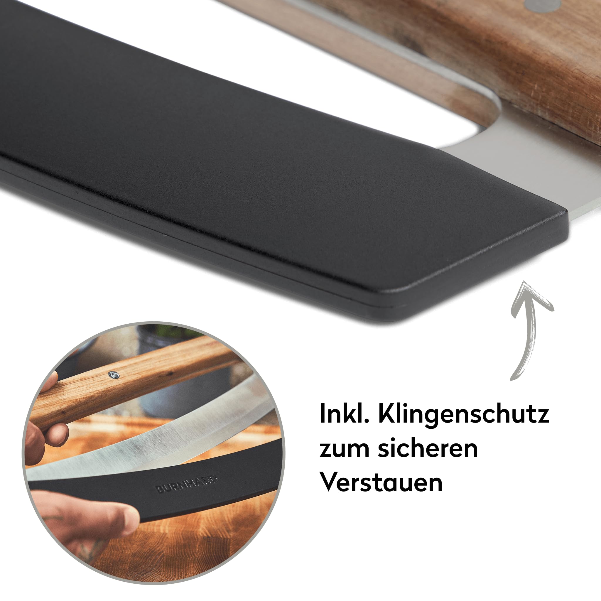 BURNHARD® Pizzaschneider aus Klingenstahl, Wiegemesser, 35,5 cm Klinge, Pizzamesser inkl. Klingenschutz, scharfer Pizza Cutter ohne Zerdrücken, Akazienholzgriff