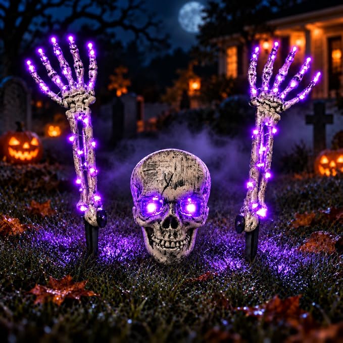 Halloween Outdoor Skeleton Decorations - 3-Piece Purple LED Yard Stakes, Glowing-Eye Skull & Lighted Bone Arms, 8 Light Modes, Battery Powered for Lawn, Pathway & Graveyard