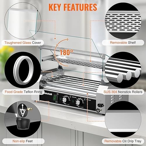 Vista 12 de Seeutek Rodillo para perros calientes con 7 rodillos, 24 perros calientes, capacidad de 1100 W, tostadora de perro caliente inoxidable con luz LED