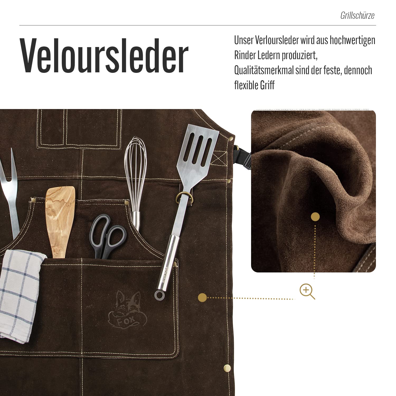 ROUGH Arbeitsschürze Lederschürze aus Büffel Wild Leder Schürze, Rauleder, Grillschürze, Gastronomie, Barista, Kochschürze | 61x94 cm | Variabel von M - XXL in 3 Farben