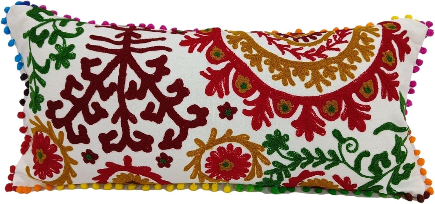 Trade Star Beautiful Spring Pillow Cover 100% Cotton Lumbar Throw Cushion Cover Decorative 12x24 Inches Pom Pom Sofa Pillow Case for Home Fall Decor Embroidered Throw Pillow Cover