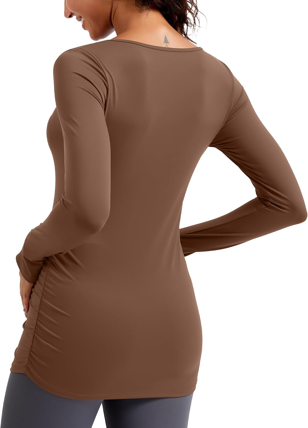MathCat Maternity Long Sleeve Shirt with Thumbleholes, Maternity Tops Squar Neck Side Ruched Pregnancy Yoga Casual Tee - Image 2