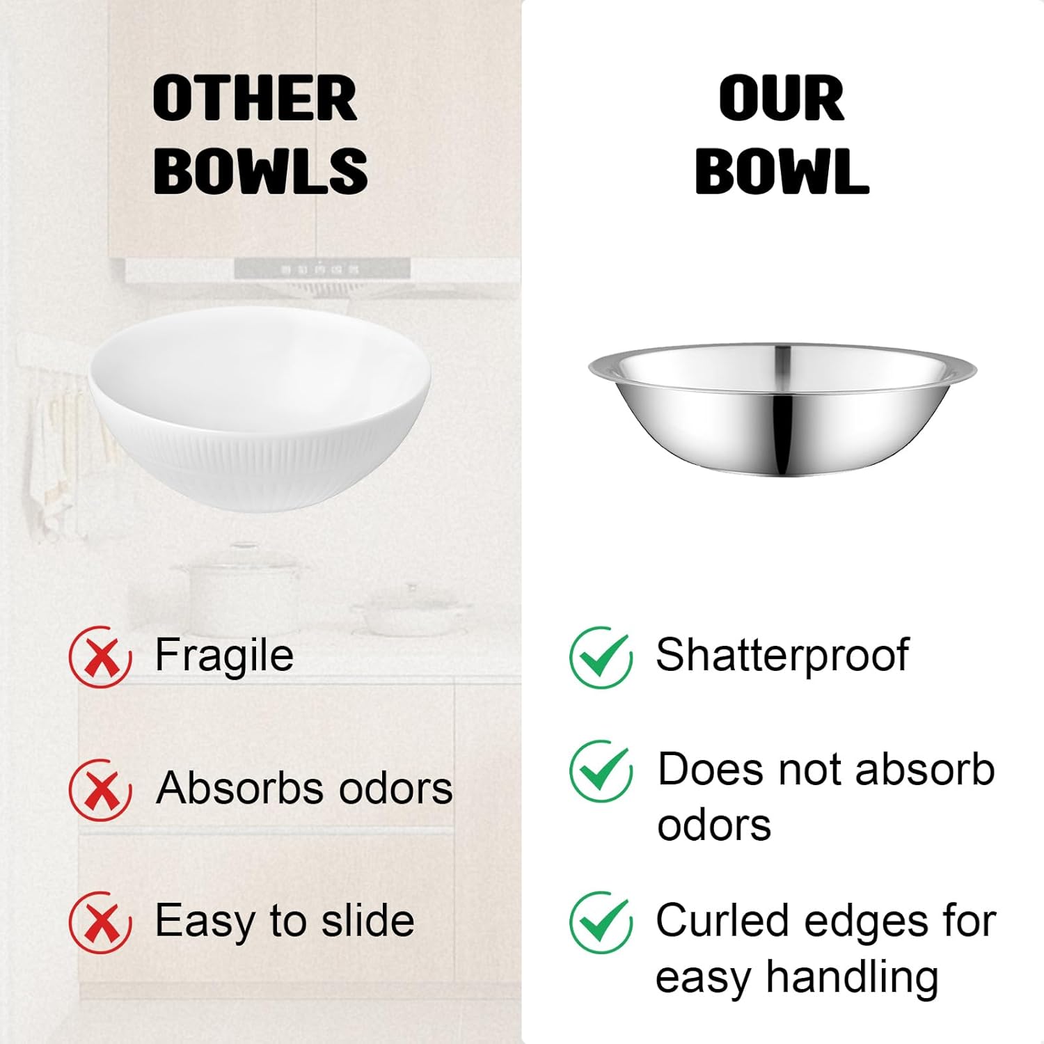 15 Pcs Stainless Steel Bowls Kitchen Metal Bowl with Flat 6.3 Inch Base Prep Bowls, Mixing Bowls Mirror Polish Metal Bowl Set for Meal Prep, Serving, Baking - Image 4