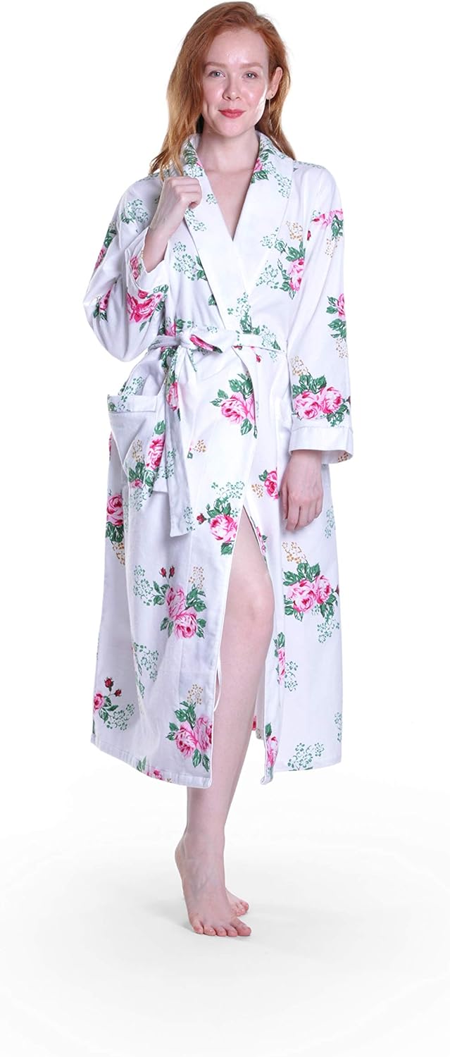 LA CERA Women's Long Sleeves 100% Cotton Flannel Robe, Belt, Shawl Collar, Front Pockets, Machine Wash