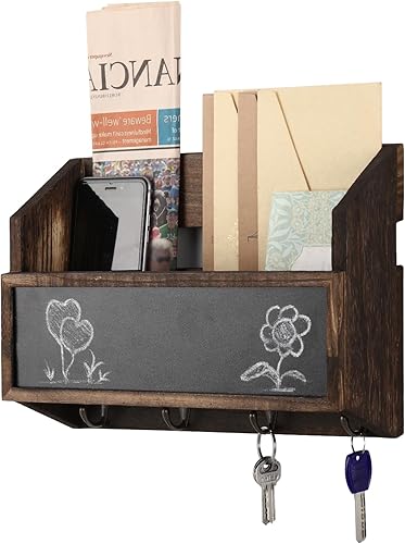 Organizador de correo y llaves para pared, soporte de correo saliente para oficina con 4 ganchos, organizador de correo de madera, soporte de pared