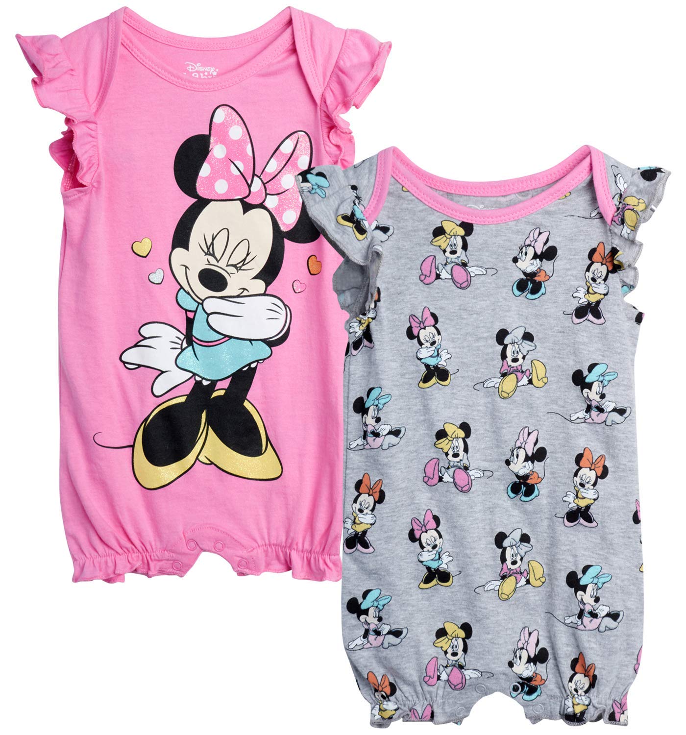 Disney Baby Girls Romper 2 Pack: Minnie Mouse Ruffle Sleeve Romper (Newborn/Infant), Size 3-6 Months, Pink Minnie/Grey Multi Minnie