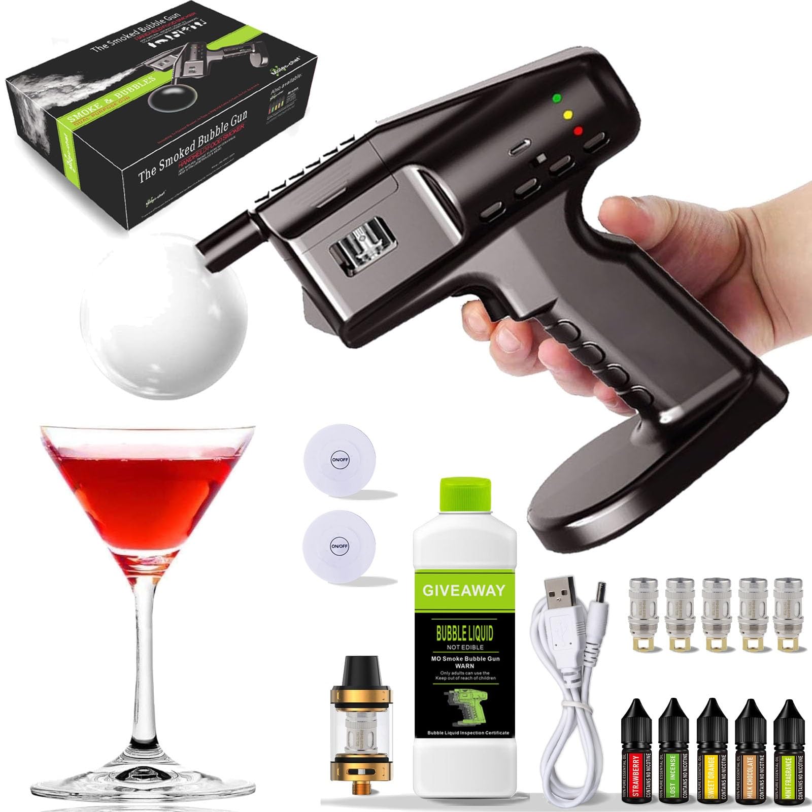 Zestaw do wędzenia koktajli, przenośny pistolet do wędzenia z infuzorem dymu, z 5 aromatami i 50 ml płynu do baniek mydlanych, do drinków koktajlowych i wzmacniania smaku potraw