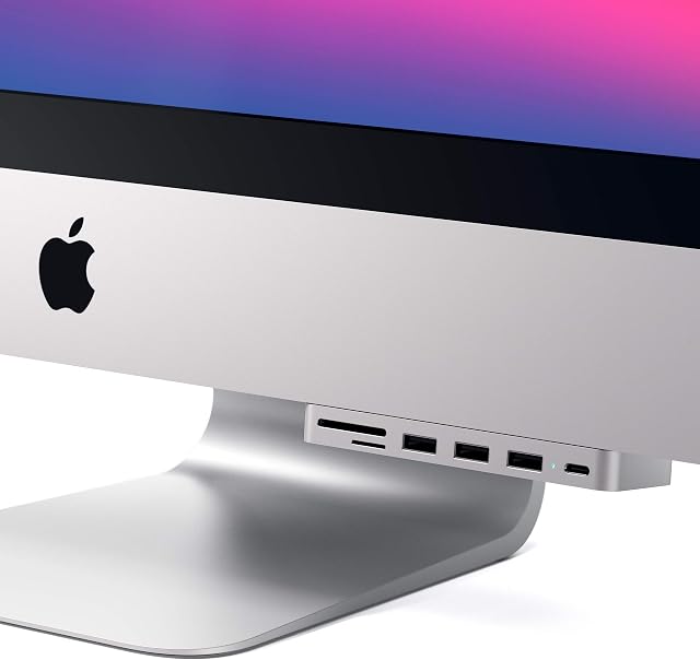 SATECHI Aluminum Type-C Clamp Hub Pro with USB-C Data Port, USB-A 3.0 Data, Micro/SD Card Reader - Compatible with 2020/2019/2017 iMac & iMac Pro, Does Not Fit 2021 iMac (Silver)