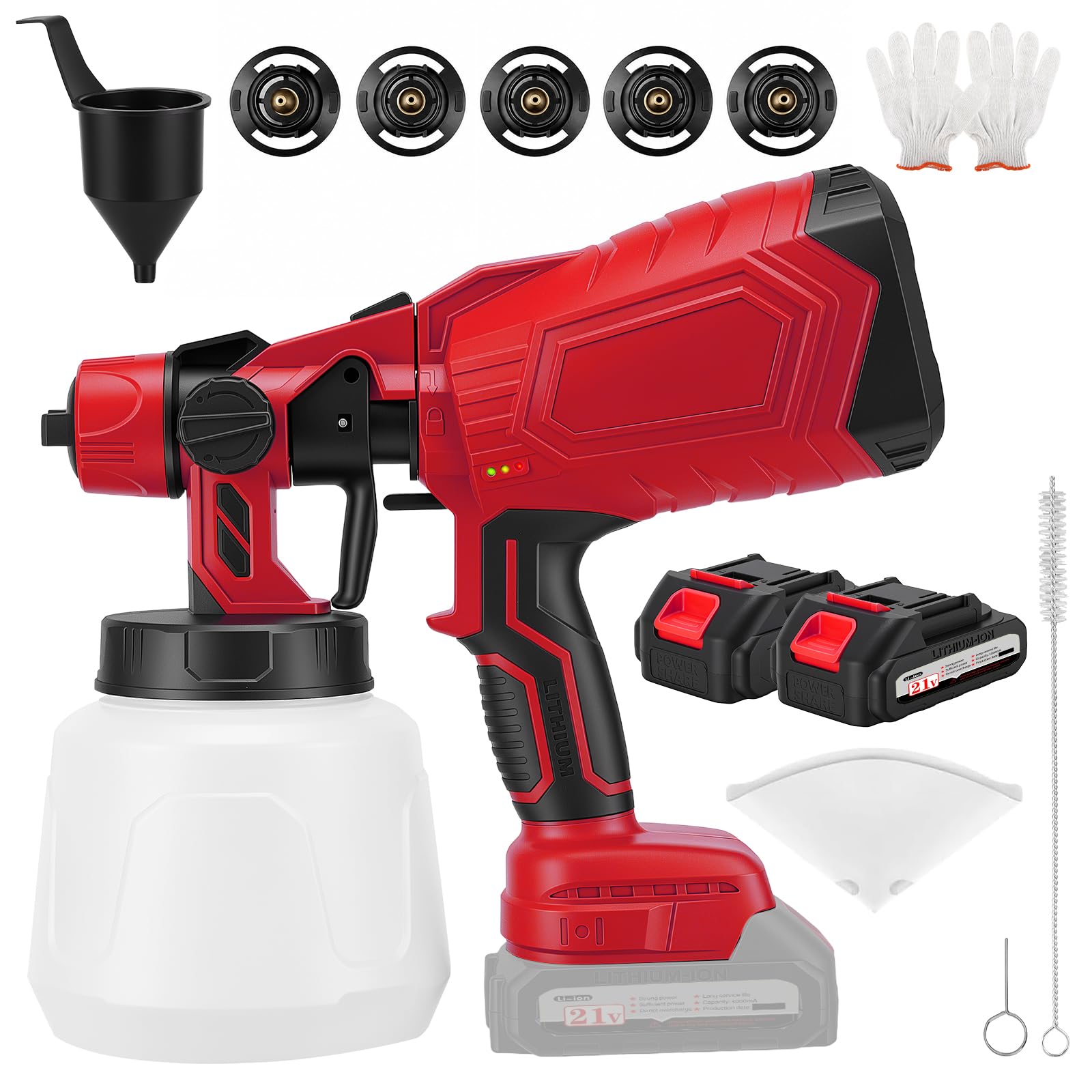 Pistola Pintura Bateria,Pulverizador de Pintura 21 V, Pistola Pintura con batería con 3 Patrones, 1400ml HVLP Pistola con 2 Baterías de 3000 mAh y Ccargador para Cercas, Paredes, Techos(Rojo)