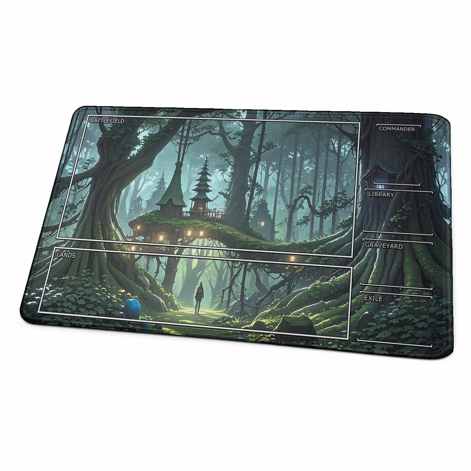 MTG Playmat, Fantasy Forest Landscape TCG Game Mat with Zones, 24 x 14 Inch HD Dense Fine Weave Surface, Non‑Slip Rubber Backing With Storage Bag for Card Games (Forest With Zones) — image 1