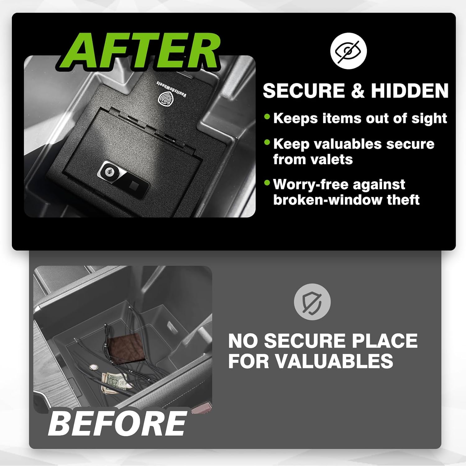 VaultsOnWheels for 2026 2025 2024 Chevrolet Silverado EV/GMC Sierra EV Center Console Safe Gun Safe Vault Hidden Console Storage LockBox Anti-Theft Pry-Proof High Security Biometric Fingerprint Lock