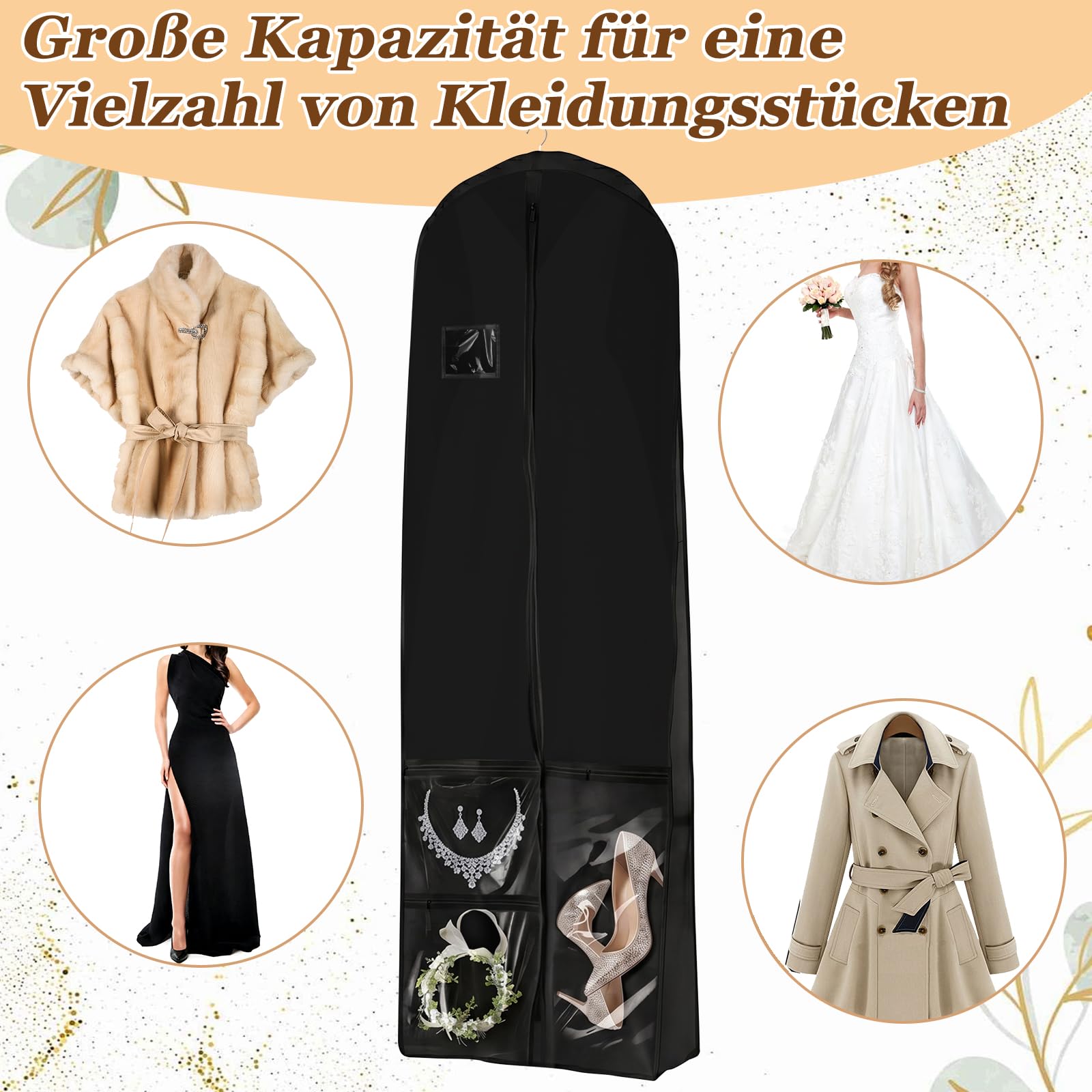 Paquete de 2 unidades de largo de 180 cm con cremallera, funda de tela de vellón plegable, bolsa de almacenamiento a prueba de polvo para vestidos de novia, vestidos de noche y abrigos (negro)
