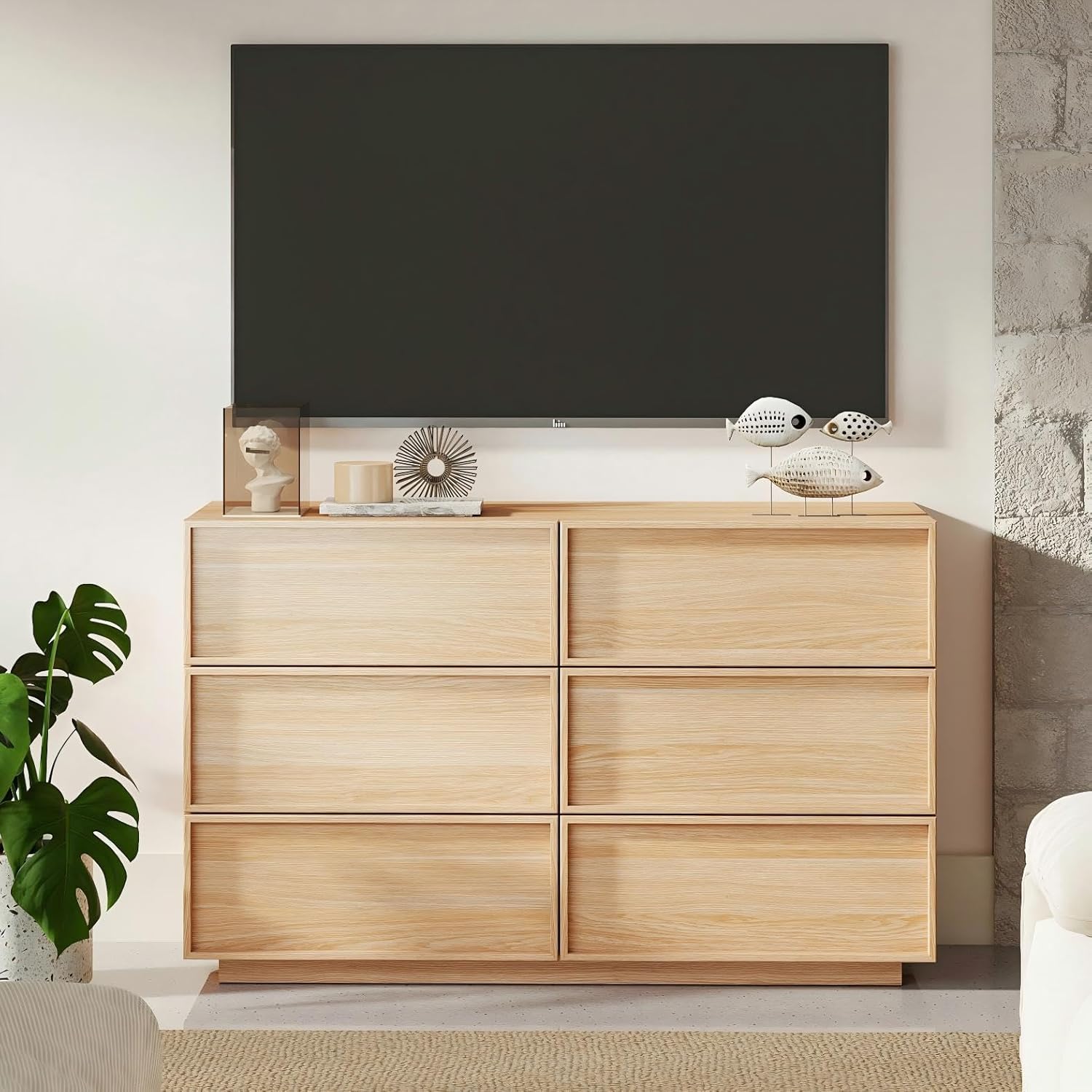 6 Drawer Dresser for Bedroom, 47.2" Wide Double Chest of Drawers with Storage, Wood Dresser Tv Stand, Modern Closet Store Organizer for Living Room, Hallway, Natural Oak