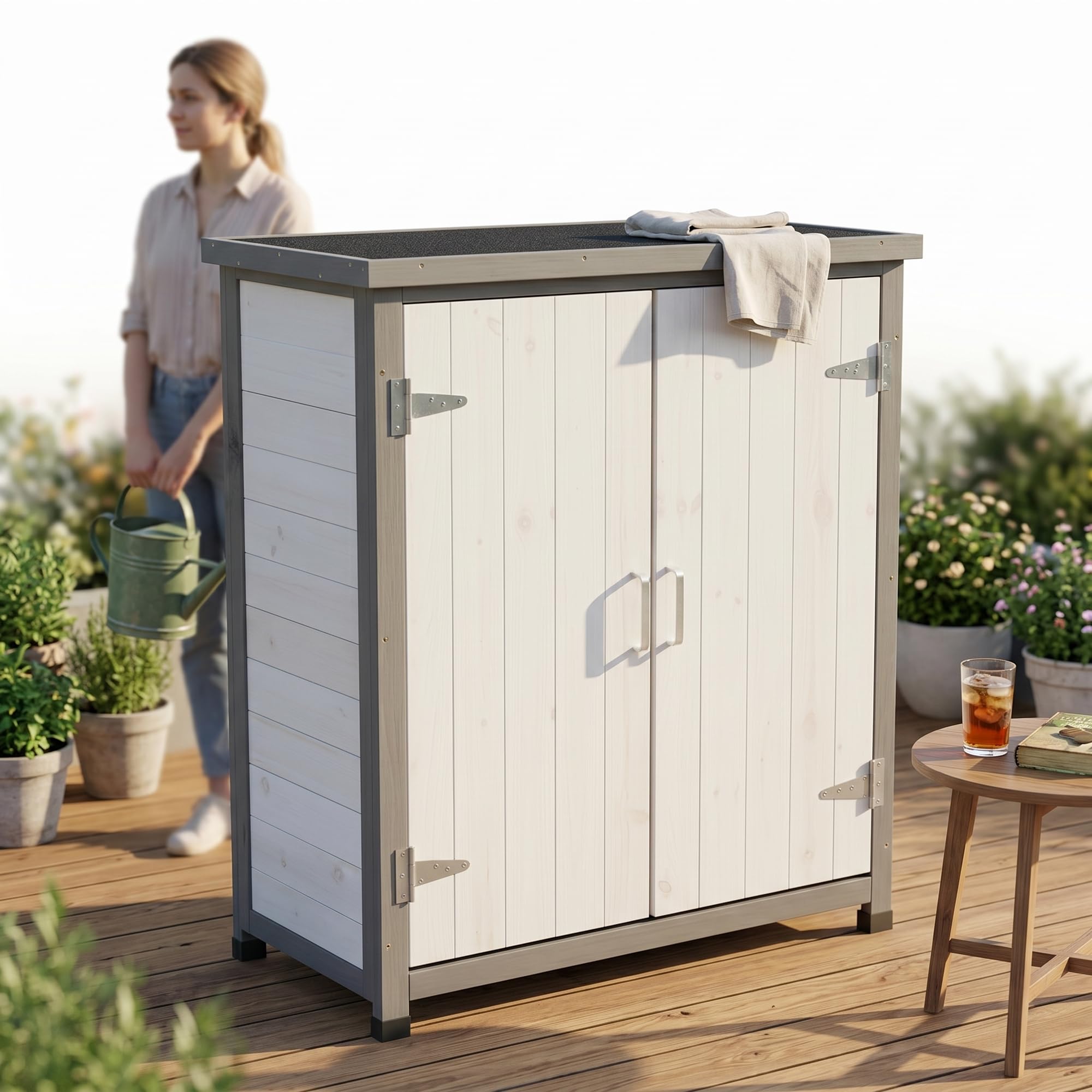 Mucola Geräteschrank Garten 75x40x90 cm Holz Weiß – wetterfester Gartenschrank mit Einlegeboden & silberfarbenen Beschlägen – Aufbewahrungsschrank Outdoor für Terrasse Balkon Gartenschuppen