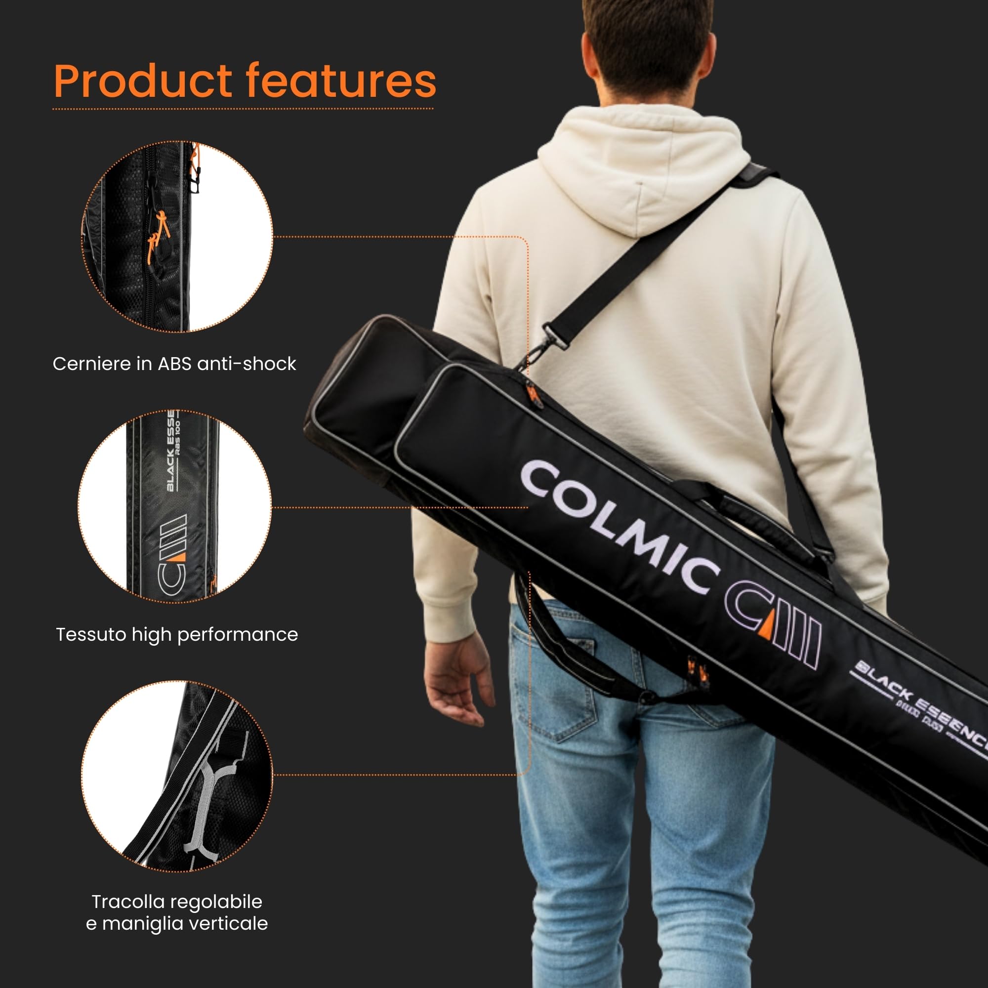 Colmic Black Essence RBS – Fodero Porta Canne da Pesca per Roubaisienne, Tessuto High Performance, Imbottito, Resistente, con Tasche Laterali – Modelli RBS 100 / RBS 200
