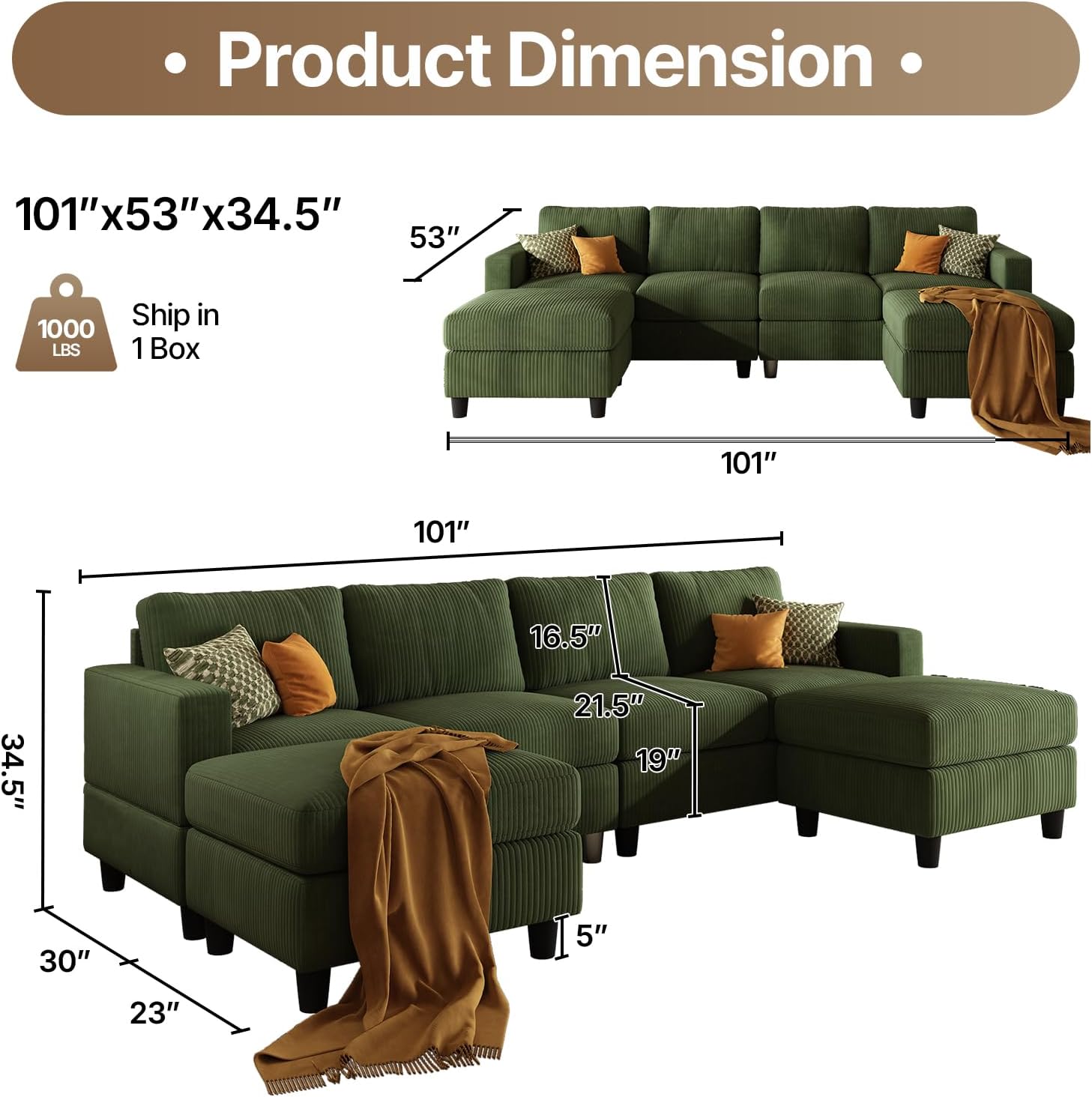 Green Sectional Sofa Modular, 101" U Shaped Cloud Couch Sectional Sofas for Living Room, 6 Seater Large Cozy Couch with Ottoman, Corduroy Sofa (Green, U-Shaped 6 Seats)