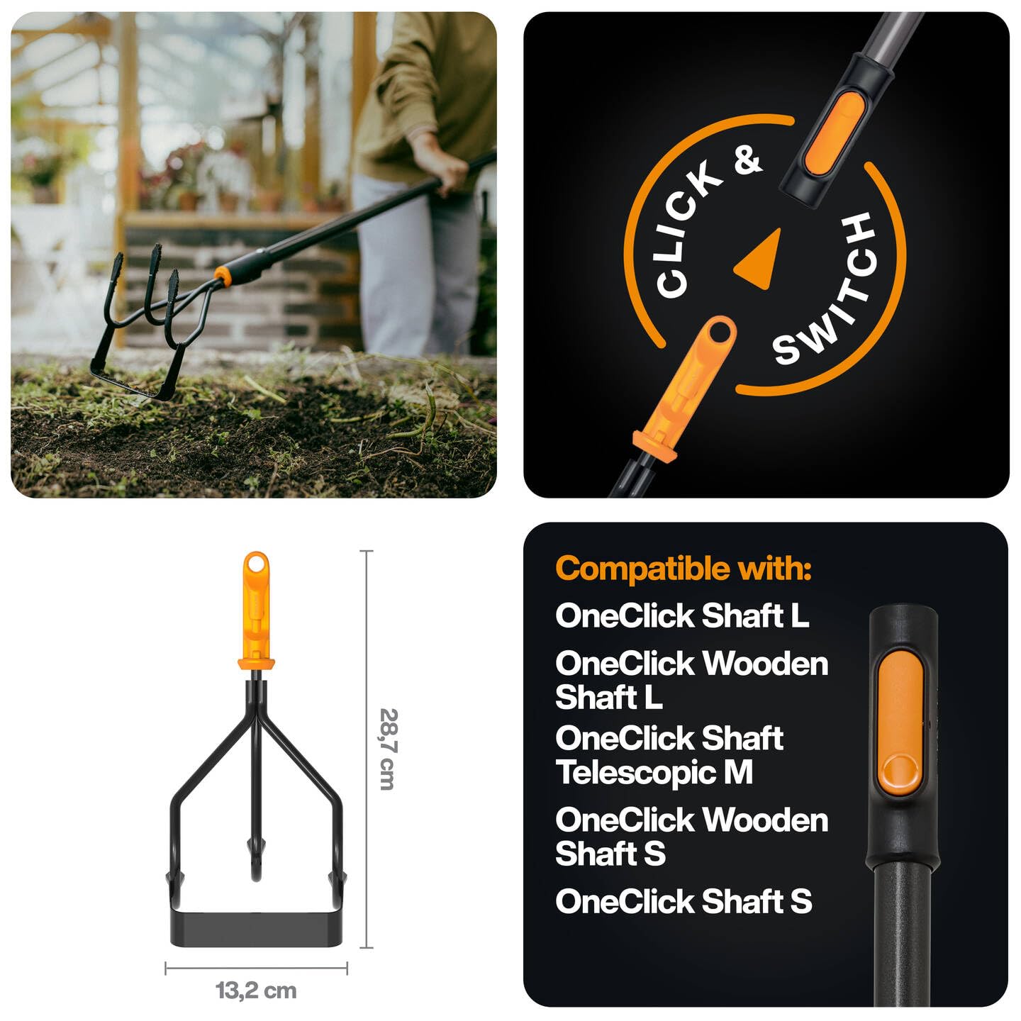 Fiskars OneClick Sarcloir, Accessoire Multifonction pour l'Entretien des Plates-Bandes, Changement Facile en Un Clic, Lame en Acier Trempé, Noir/Orange, 1080685