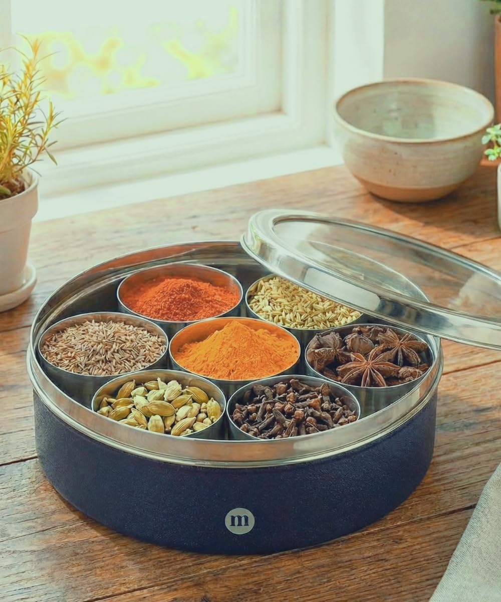 MARU Colored Spice Box Stainless Steel Small | Masala Dabba Steel Masala Box for Kitchen Steel | Masala Dani for Kitchen See-through lid 7 containers 2 Spoons (Small Size 11, 19cms) Dark Blue