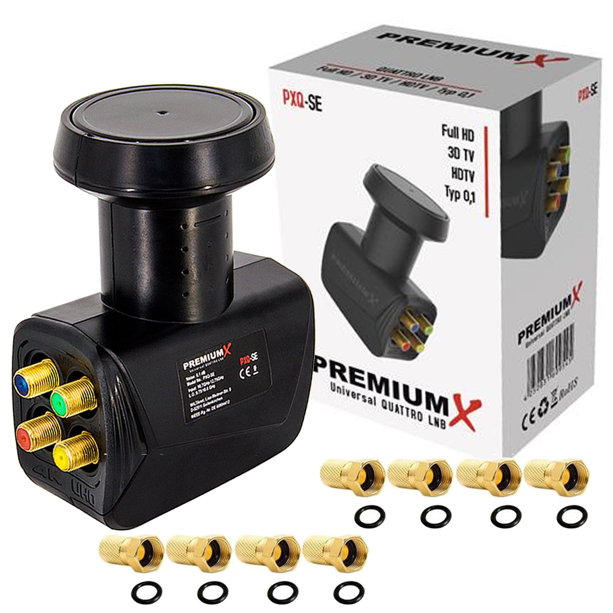 PremiumX Quattro LNB per Multiswitch - Convertitore di segnale TV Multiswitch con protezione dalle intemperie - LNB satellitare digitale in nero con inclusi 8 connettori F - DVB-S2 8K UHD 4K Full HD