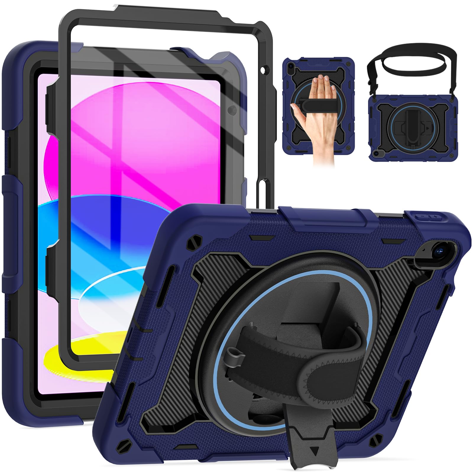 ROSROME Case for iPad (A16) 11th Generation 11-inch 2025, iPad 10th Generation 10.9-inch 2022 -with HD Screen Protector, 360 Kickstand/Hand Strap,