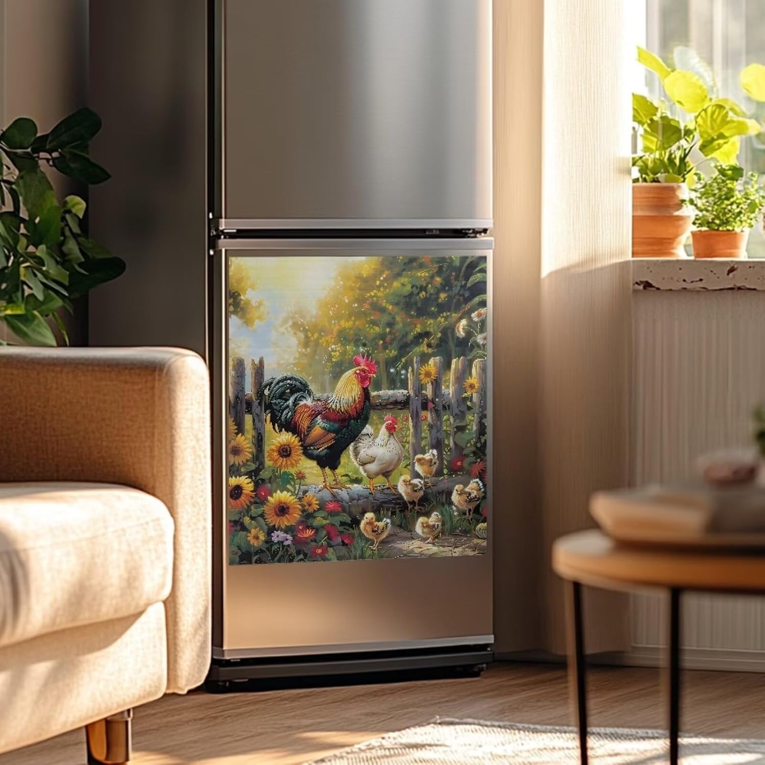 Dishwasher Front Panel Magnetic Cover Refrigerator Magnet Covers Kitchen Appliance Magnetic Panel Wrap Skin Home Decor Keep Off Smudges Stain, Chicken Rooster Chick Sunflower Farmhouse Style