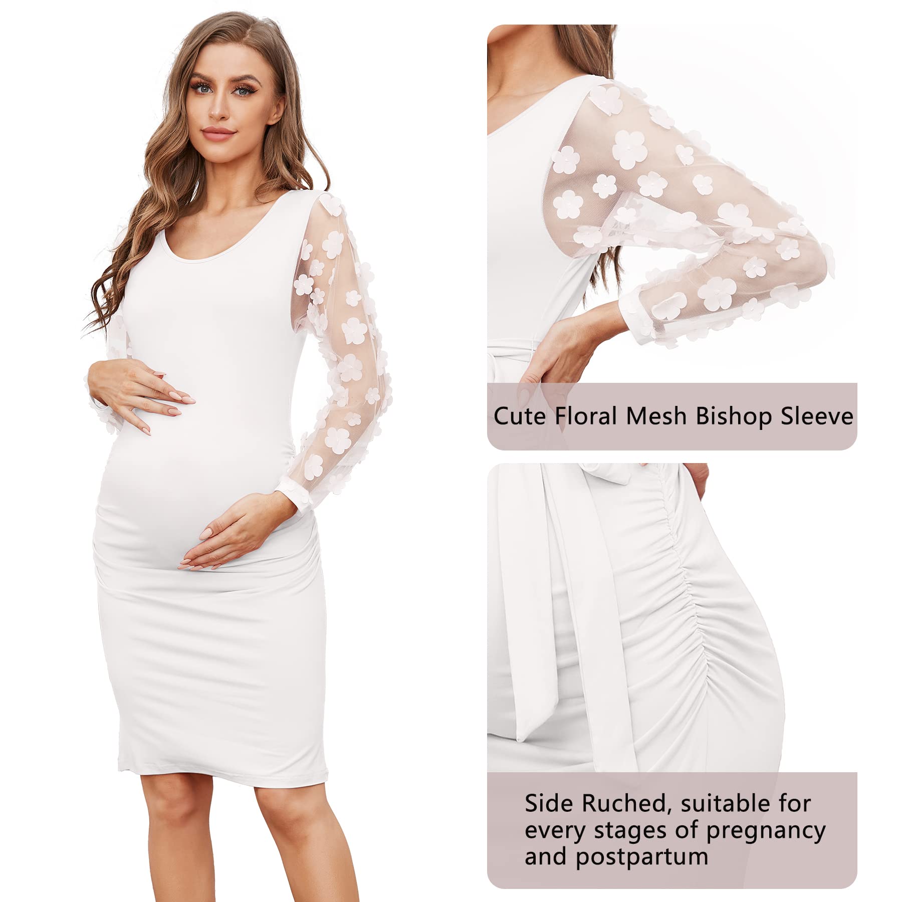 Kwiatowa siateczkowa z długimi bufiastymi rękawami, ciążowa midi, jesienna sukienka ciążowa bodycon, na baby shower, sesję zdjęciową.
