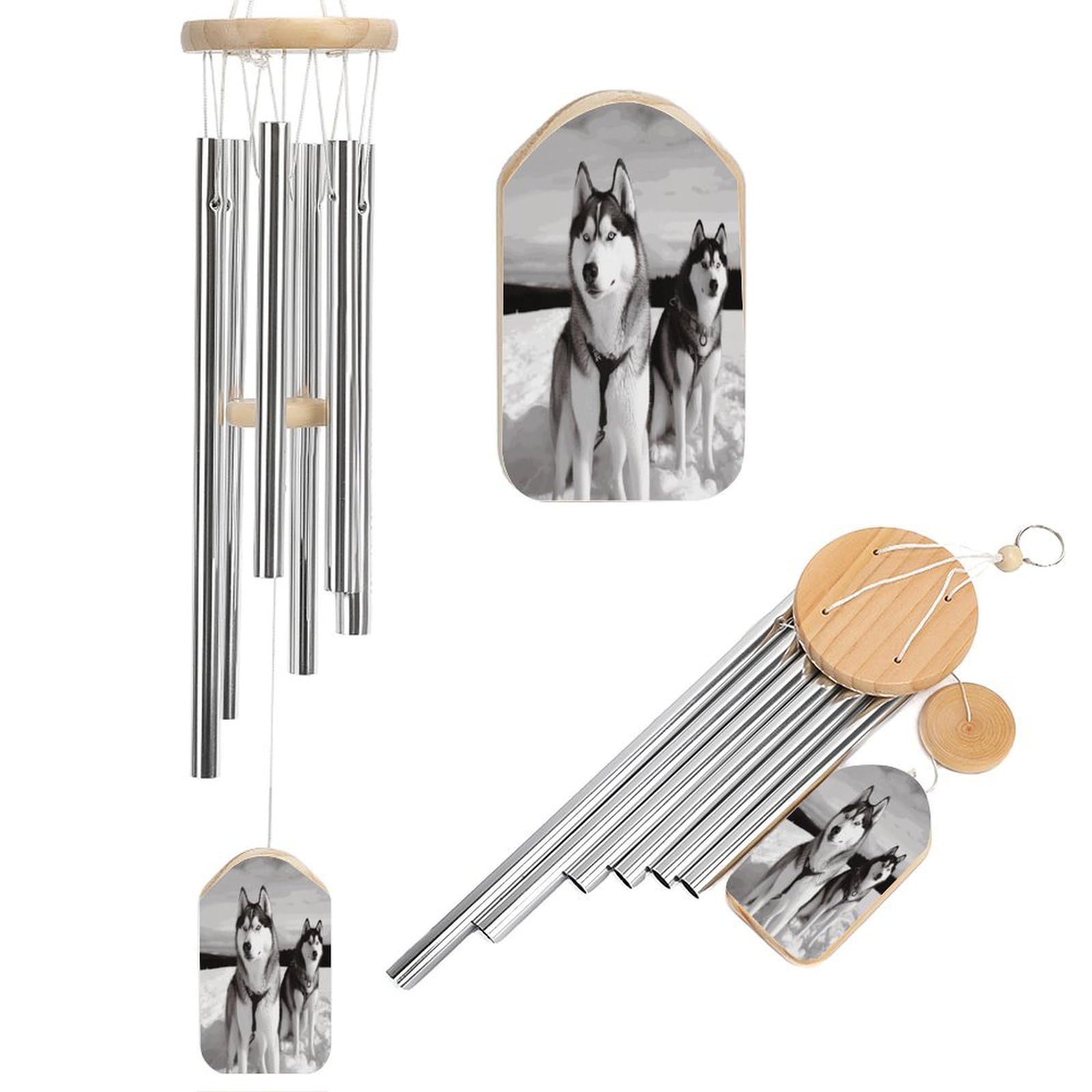 Btcowzrv Style Husky Dogs Snow Wind Chimes For Outside, Hanging Windchimes With 6 Aluminum Tubes, Memorial Wind Chime For Patio Backyard Garden And Outdoor Decor