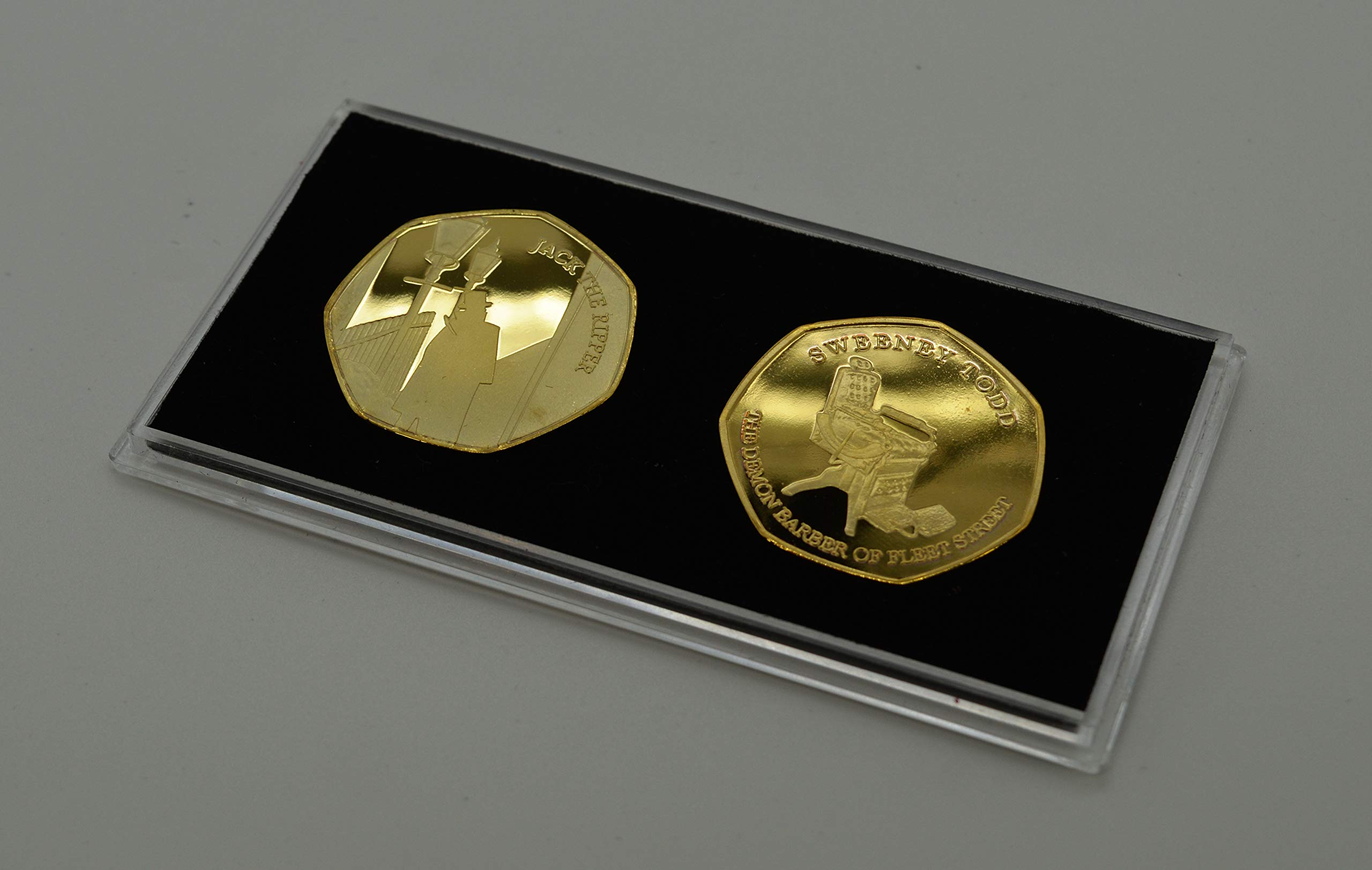 The Commemorative Coin Company JACK THE RIPPER & SWEENEY TODD 24ct Gold Commemoratives in 50p Coin Display Case. Whitechapel, Fleet Street, London, 1888, Demon Barber