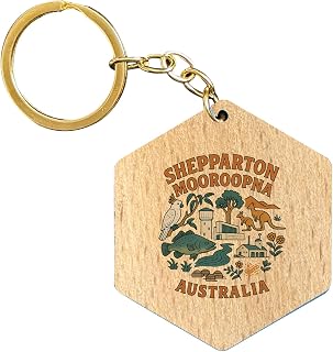 R and R Imports Shepparton Mooroopna Australia Keepsake Souvenir 2-Inch Wooden Hexagon Keychain