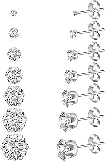 Yiorxu Stud Earrings - 7 Pairs Gold Silver Earrings with CZ Stones, Surgical Steel, Anti-Oxidation, Elastic, Gift Packaging for Men, Women & Girls