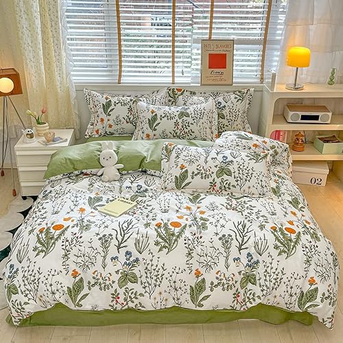 CLOTHKNOW Juego de edredón verde y blanco, juego de edredón floral tamaño Queen, edredón de flores para tamaño Queen, edredón de cama verde bohemio,