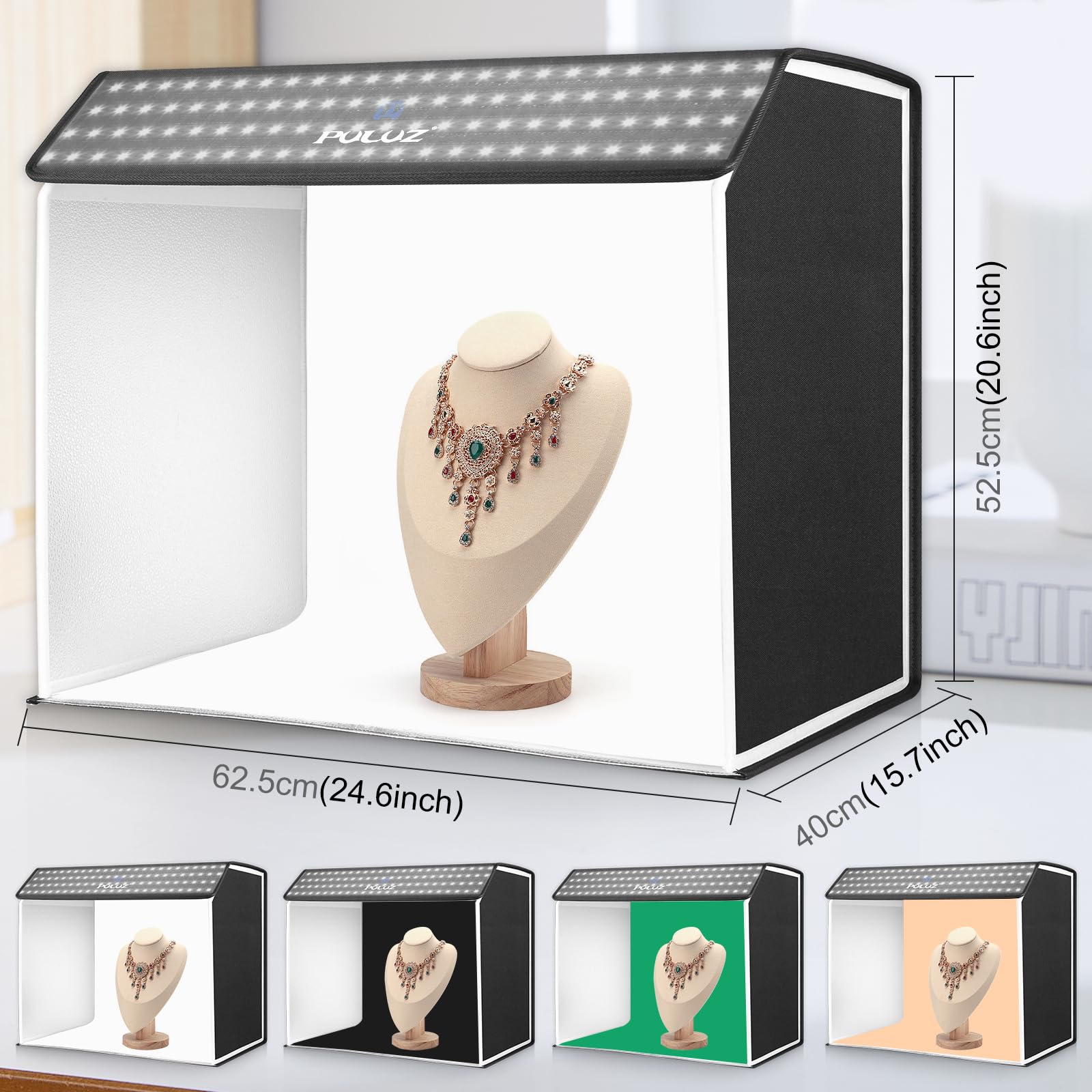 Boîte à lumière portable PULUZ de 60 cm x 40 cm – Studio photo compact avec champ lumineux – Boîte à lumière photo de 24 pouces x 16 pouces avec 4 arrière-plans colorés pour la photographie de bijoux