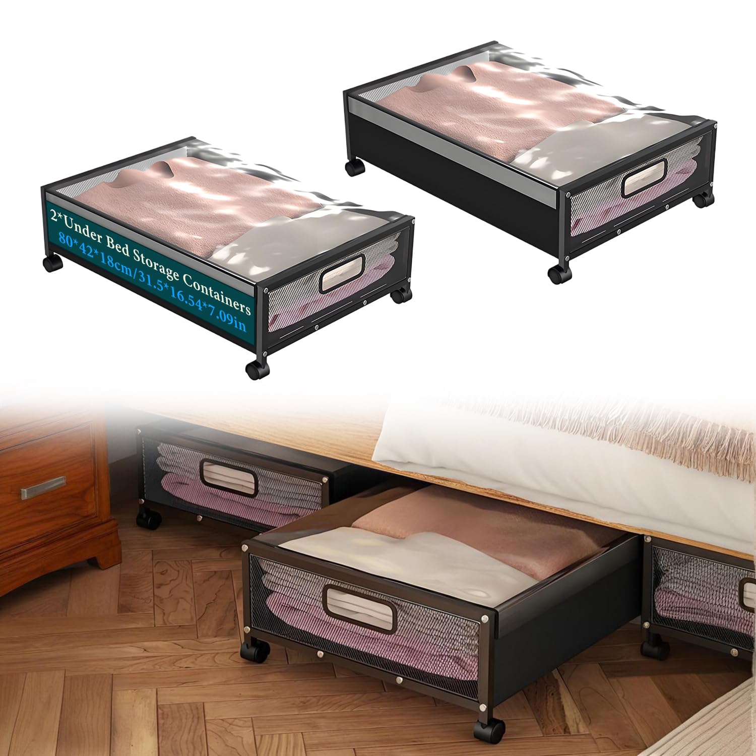 Contenitori sottoletto con ruote, 2 pezzi, 80x42x18 cm | Telaio metallico nero, coperchio trasparente, ordine salvaspazio per vestiti, scarpe e giocattoli