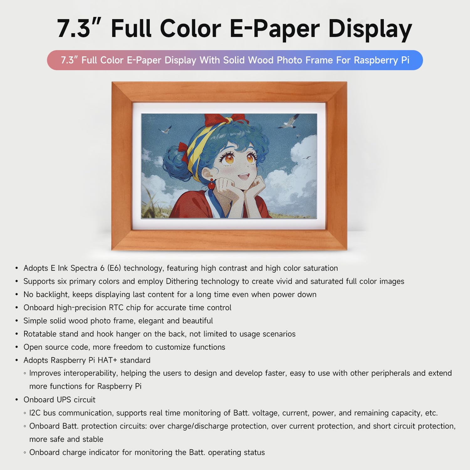 Waveshare 7.3inch E6 Full Color E-Paper with Solid Wood Photo Frame for Raspberry Pi Zero, Ultra-Long Standby, 800 × 480 Resolution, Bundle with Pi Zero 2 WHC, No Batt