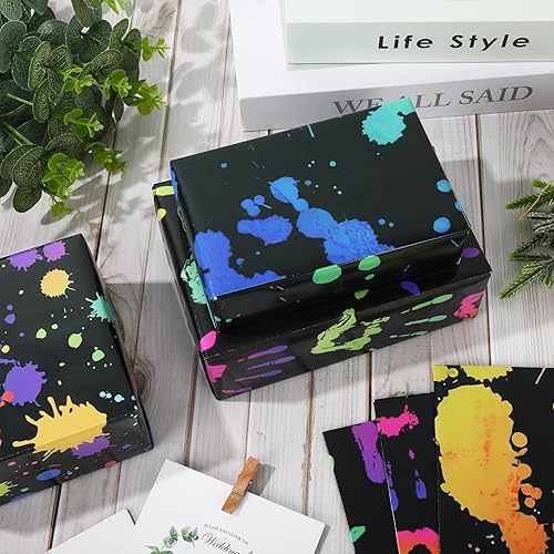 Miniatura 5 de AnyDesign 12 hojas de papel de regalo colorido, 4 diseños de papel de embalaje de arte de neón negro, papel de embalaje plegable plano de bricolaje