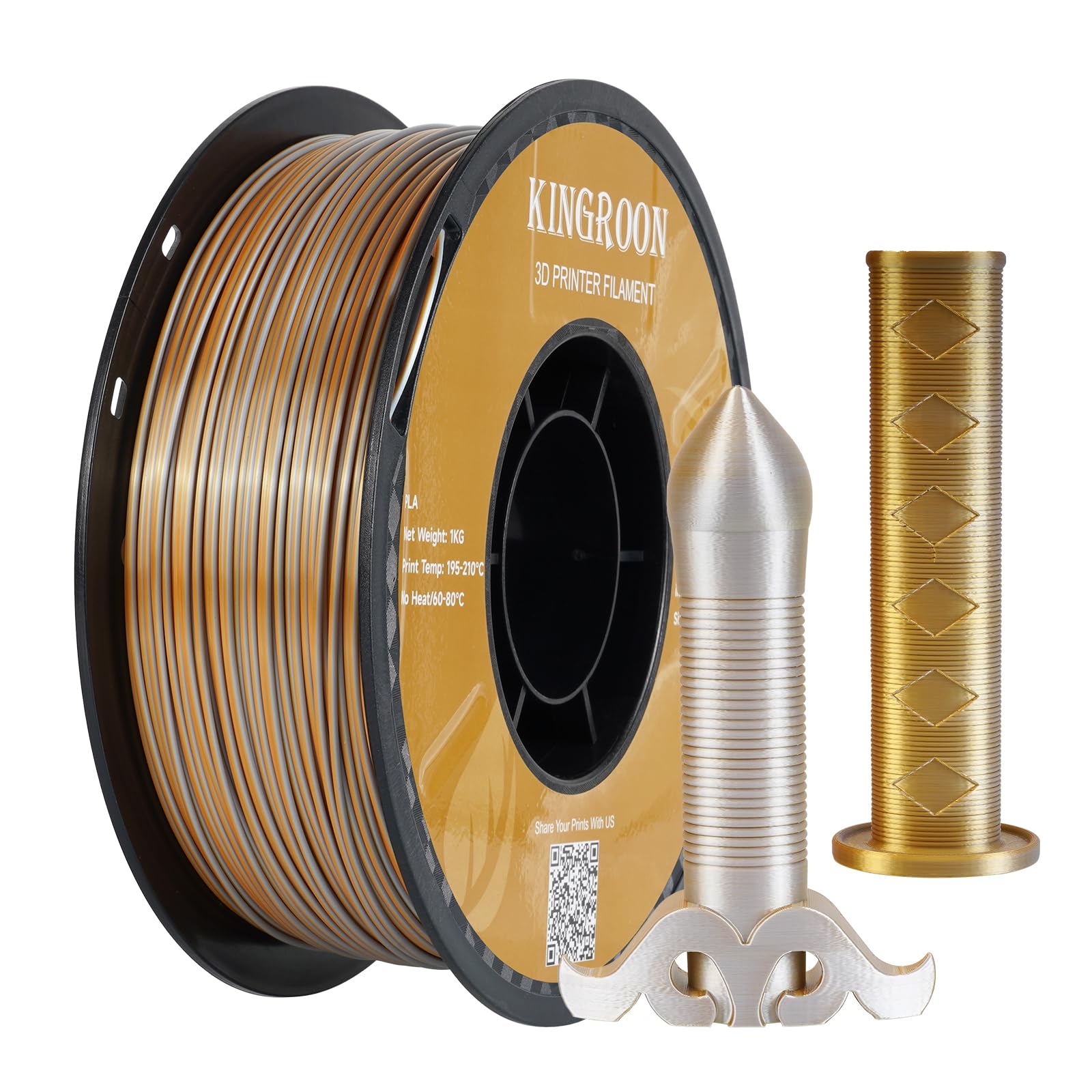 Kingroon PLA Filament, Multicolor Silk PLA Filament, Tri Color 3D Printer Filament, 1.75 mm, Dimensional Accuracy +/- 0.03 mm, 10kg Spool(22lbs), Gold