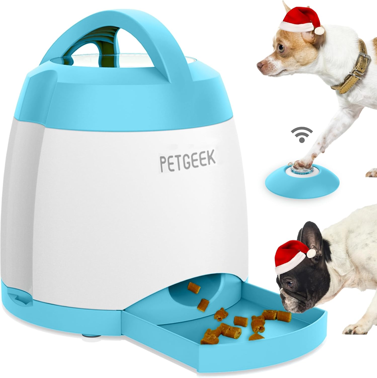 PETGEEK Automatic Dog Treat Dispenser with Button, Dog Button Feeder with Dual Power Supply and Remote Control, Dog Puzzle Toys and Interactive Dog Toys for Indoor or Outdoor Play(Blue)