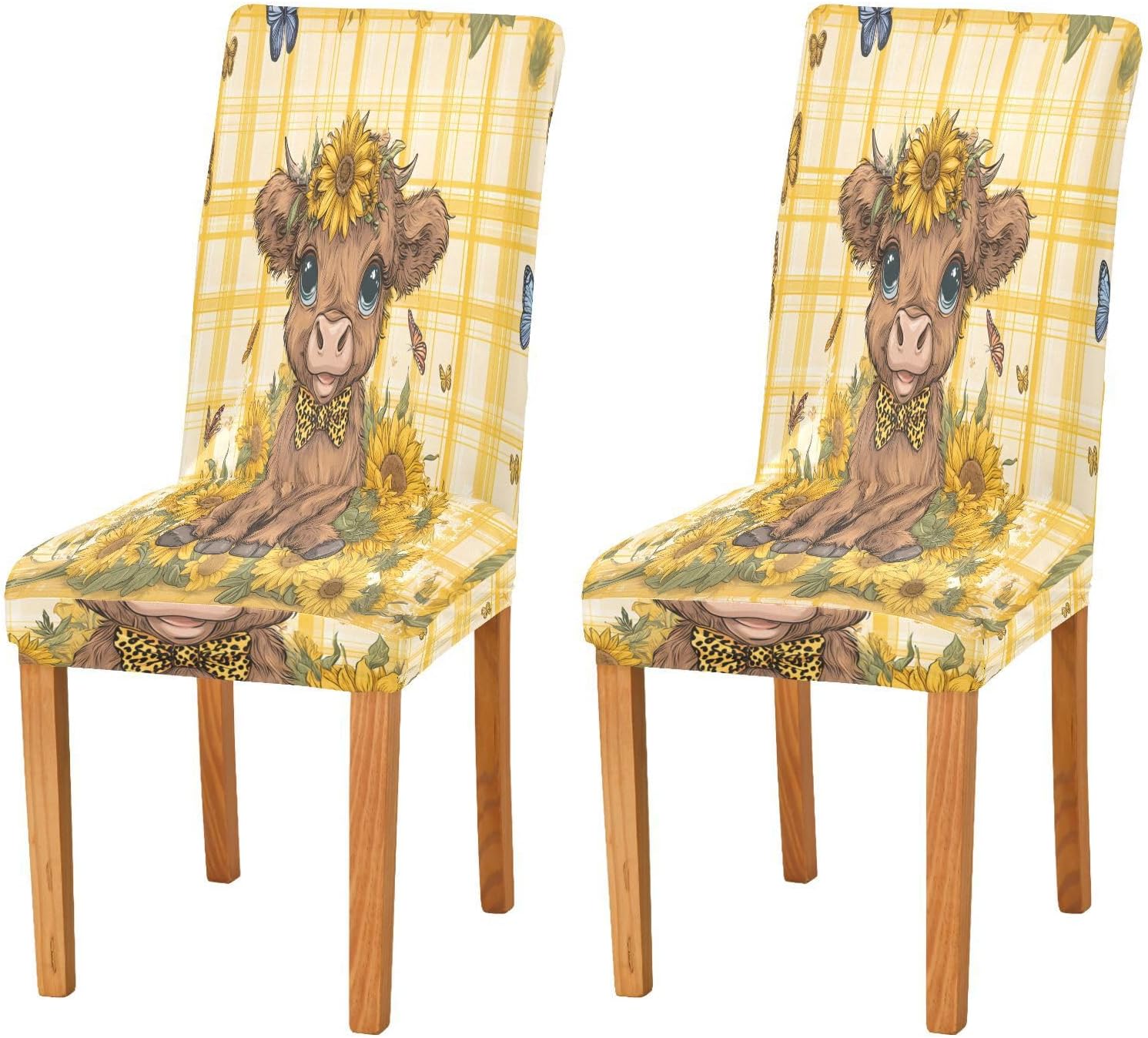 ALAZA Chair Covers for Dining Room, A Lovely Highland Cow Baby is Sitting Among Sunflowers with A Sunflower in Her Hair Stretch Chair Cover Sets Chair Protector Removable Washable for Ktichen Restaur