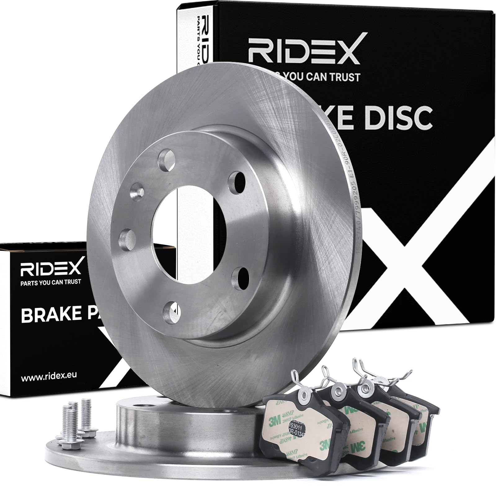 RIDEX 3405B1060 Juego para eje Kit de discos de freno y pastillas Trasero con chapa antichirrido Compatible con AUDI A4 B7 Avant 8ED
