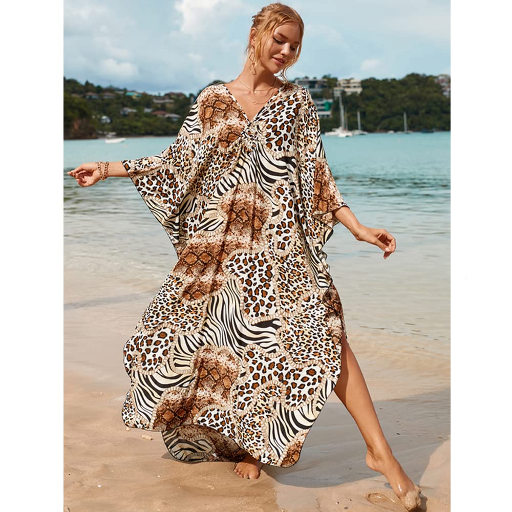 Kobiety Boho Kaftan Plus Size Sukienka Plażowa Maxi Długie Bikini Cover Up Lato Kwieciste Stroje Kąpielowe Pareos