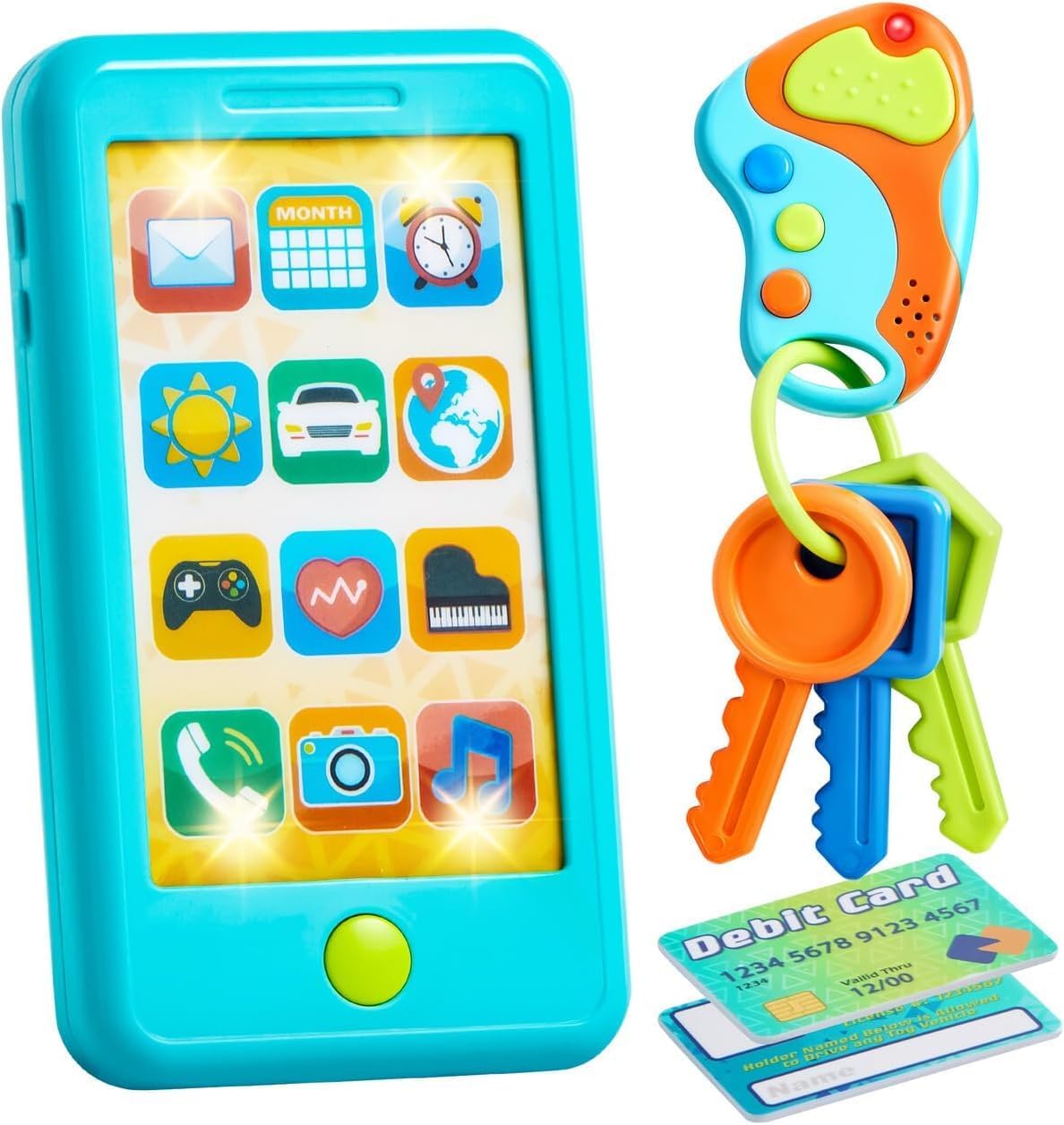 Pretend Toddler Phone, Learning Toy Phone Set,Keyfob Key Toy and Credit Cards Set, Kids Cellphone, Girls Boys Birthday Gifts for 1 2 3 Year Old,Baby Blue, Kids Presents