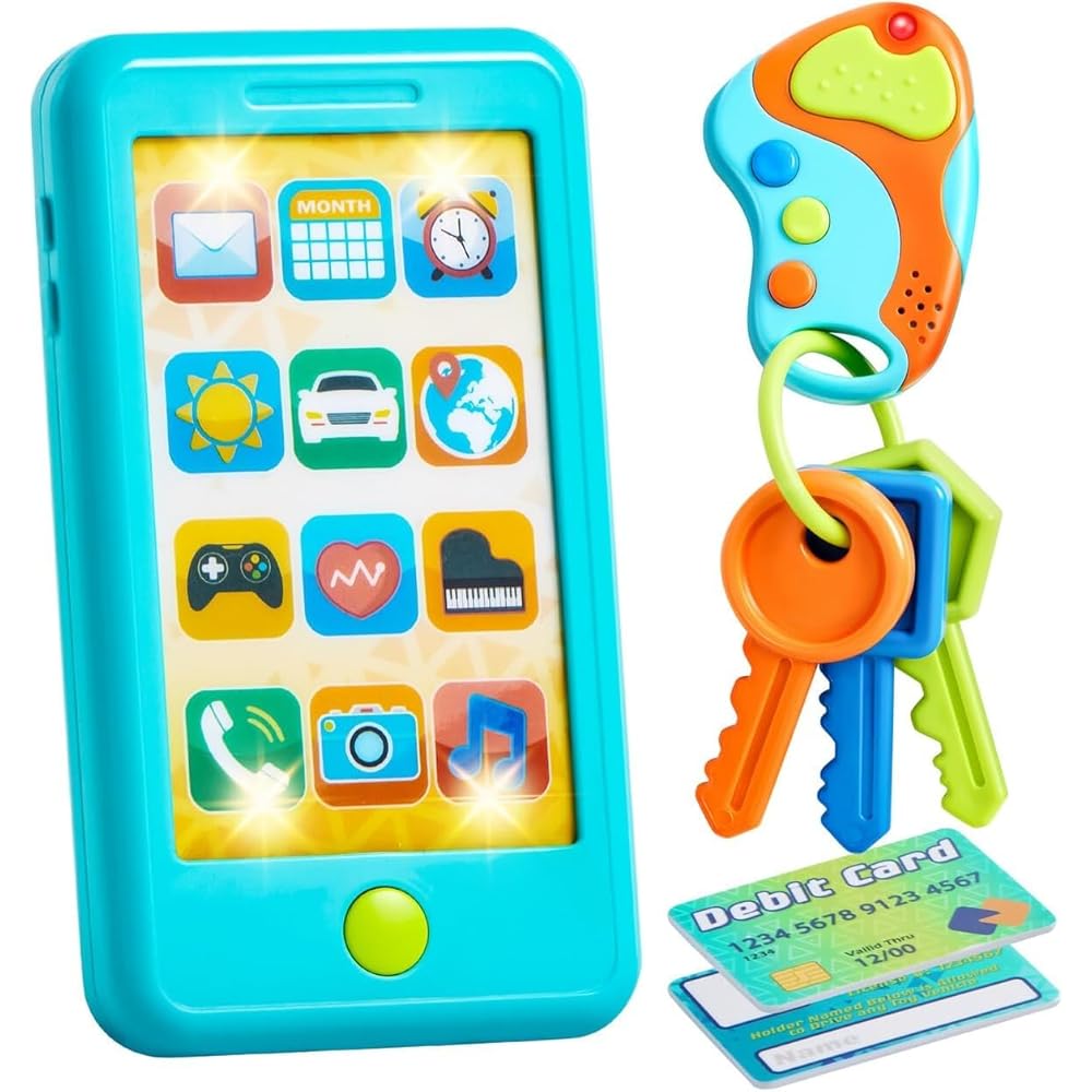 Pretend Toddler Phone, Learning Toy Phone Set,Keyfob Key Toy and Credit Cards Set, Kids Cellphone, Girls Boys Birthday Gifts for 1 2 3 Year Old,Baby Blue, Kids Presents, Gift for Christmas