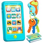 Pretend Toddler Phone, Learning Toy Phone Set,Keyfob Key Toy and Credit Cards Set, Kids Cellphone, Girls Boys Birthday Gifts for 1 2 3 Year Old,Baby Blue, Kids Presents, Gift for Christmas