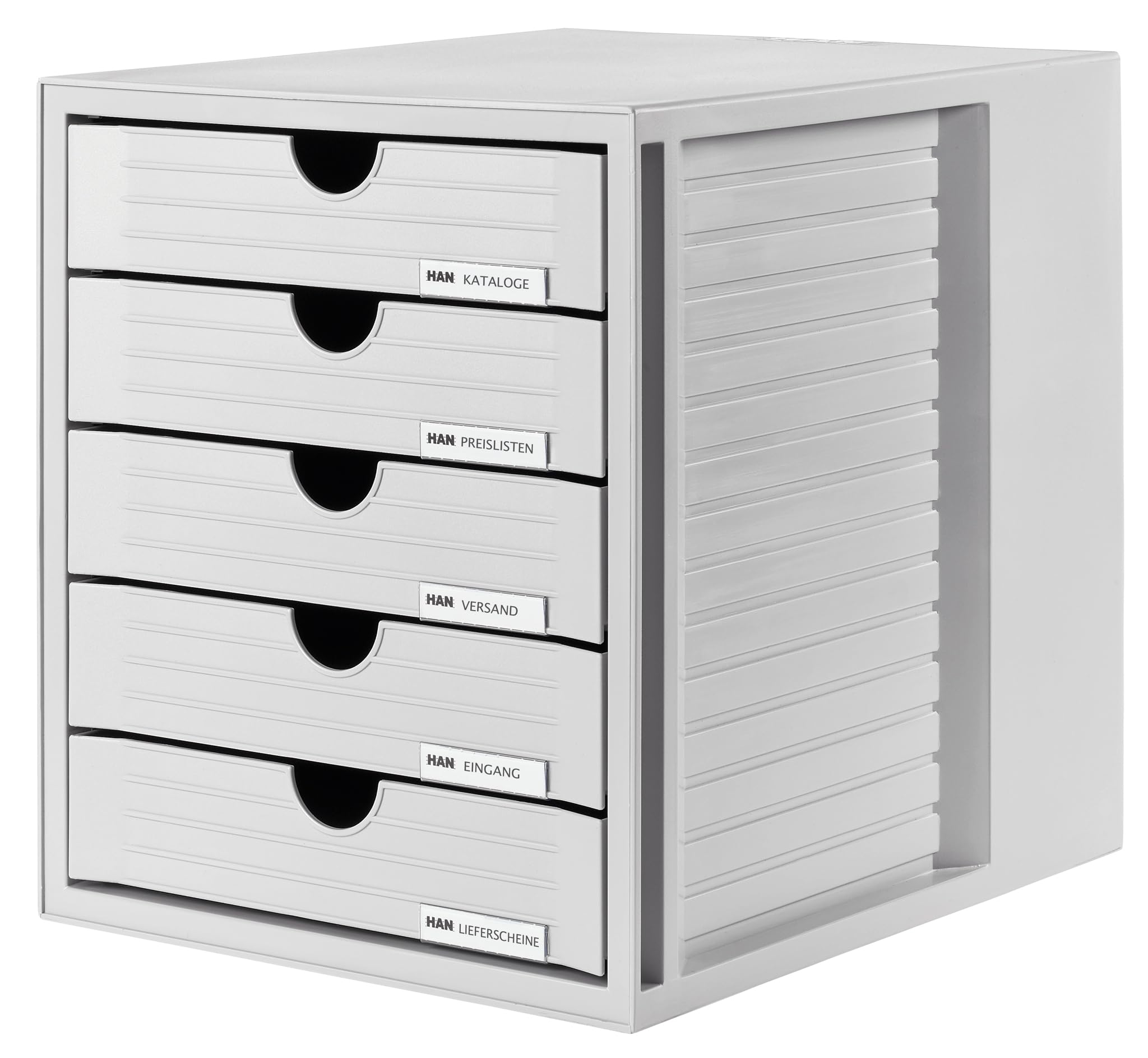 HAN Schubladenbox SYSTEMBOX mit 5 geschlossenen Schubladen für Unterlagen bis DIN C4, Schreibtisch oder im Schrank, inkl. Auszugsperre + Beschriftungsclip, möbelschonende Gummifüße, 1450-11, lichtgrau