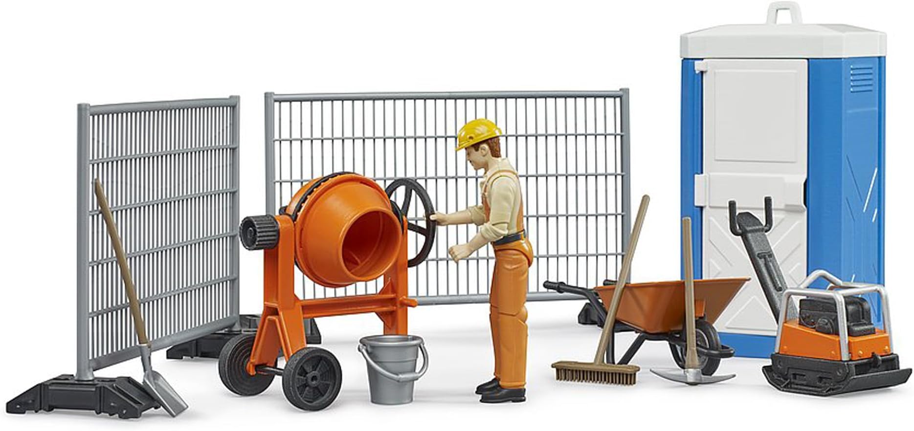 bruder 62008 - Bworld Construction Site Set with Construction Worker, Vibrating Plate, Mixing Machine, Toilet, Construction Site Fence - Accessories Construction Site, Road Construction, Construction