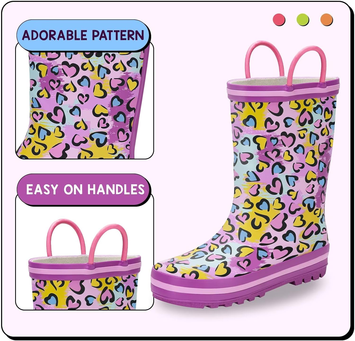 EUXTERPA Toddler Rain Boots for Boys Girls Waterproof Kids Printed Rubber Boots with Easy On Handles
