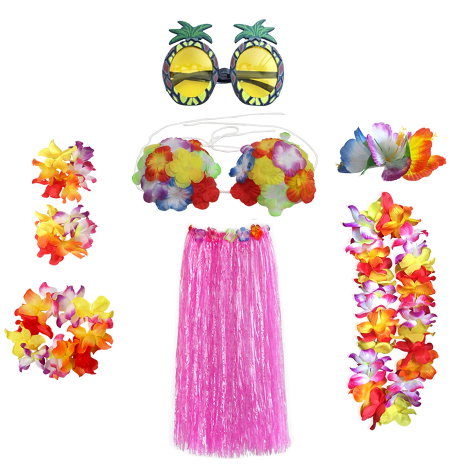 HBell 8PCS Hawaiian Hula Skirt Costume Set,Hawaiian Grass Skirt,Hawaii Leis,Flower Bikini,Hibiscus Hair Clip for Adults Fancy Dress Supplies Summer Beach Tropical Party Decorations (Pink)